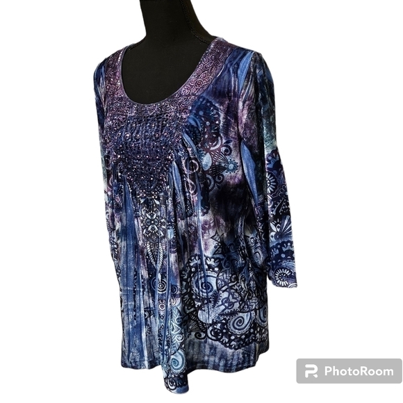 One World Velour Scoop Neck Purple & Blue Bling Top 97% Polyester Size M - Picture 4 of 10
